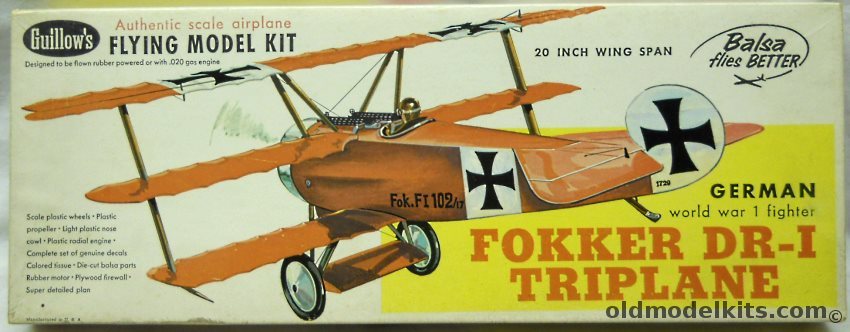 Guillows Fokker DR-1 Triplane - 20 inch Wingspan for Free Flight or R/C Conversion, 204 plastic model kit